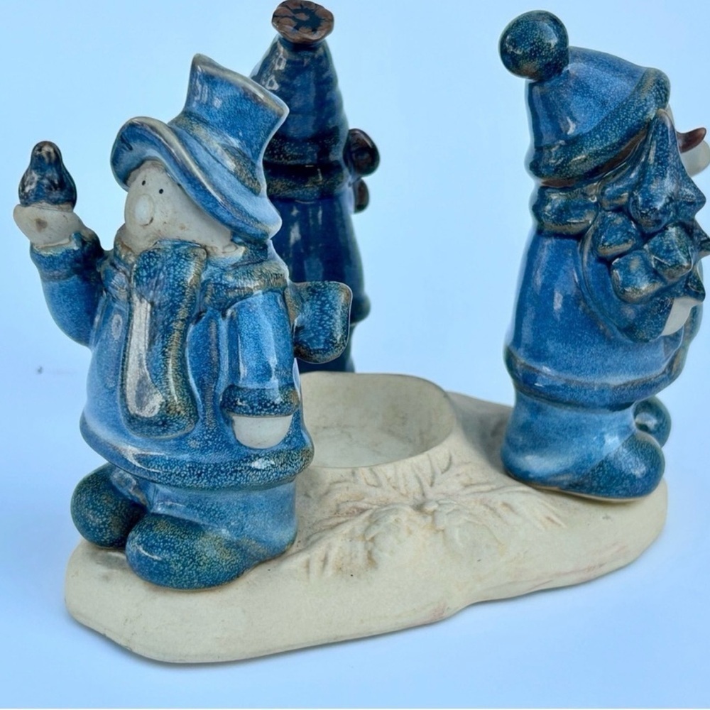Vintage Christmas Decor Accents Blue Stoneware Snowman Candle Holder Festive Art - Picture 8 of 15